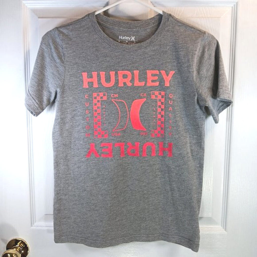 Hurley Boys Grey Classic T-Shirt Coral Logo Short Sleeve Cotton Tee Size M